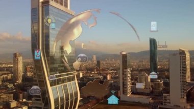 Modern şehir manzarası ve iletişim ağı konsepti. Telekomünikasyon. Bazı şeylerin interneti. Bilgi Teknolojisi Bilişim Teknolojisi. 5G mi? Akıllı şehir. Dijital dönüşüm. Yüksek kalite 4k görüntü
