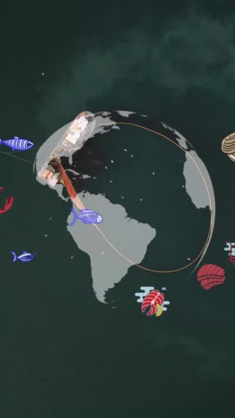 Widok Lotu Ptaka Statek Rybacki Sieć Kształcie Koła Zbieranie Ryb — Wideo stockowe
