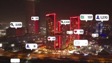 Social media icons fly over city downtown showing people engagement connection through social network application platform . Concept for online community and social media marketing strategy . High