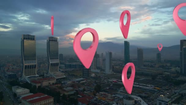 Aerial View Modern City Lots Location Pins Location Information Gps — Vídeo de stock