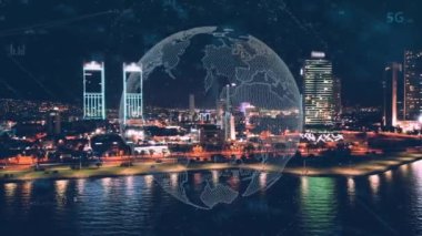 Modern şehir manzarası ve iletişim ağı konsepti. Telekomünikasyon. Bazı şeylerin interneti. Bilgi Teknolojisi Bilişim Teknolojisi. 5G mi? Akıllı şehir. Dijital dönüşüm. Yüksek kalite 4k görüntü
