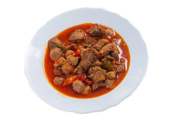 番茄酱中的牛肉炖菜 传统的格鲁吉亚菜式 白色背景 顶部视图 高质量的照片 — 图库照片