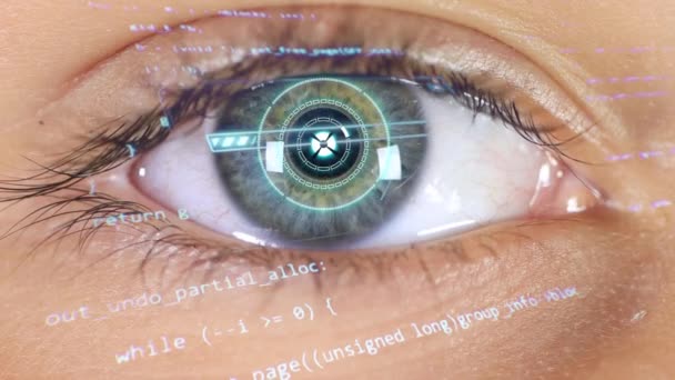 Olho Com Código Programa Futurista Tecnologia Verde Azul Olho Perto — Vídeo de Stock