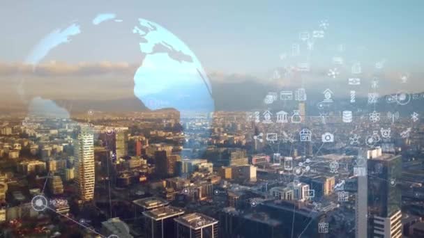 智能城市Iot互联网的东西信息和通信技术的前瞻性 自动化管理智能数字技术的安全性和电力可持续多样化城市的虚拟增强 高质量的 — 图库视频影像