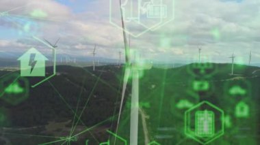 Dijital olarak üretilen sanal görüntü teknolojisi görselleştirilmiş yel değirmenlerinin hava görüntüsü. Rüzgar güç türbinleri yeşil ekolojik bir yolla sürdürülebilir gelişim için temiz yenilenebilir enerji üretiyor
