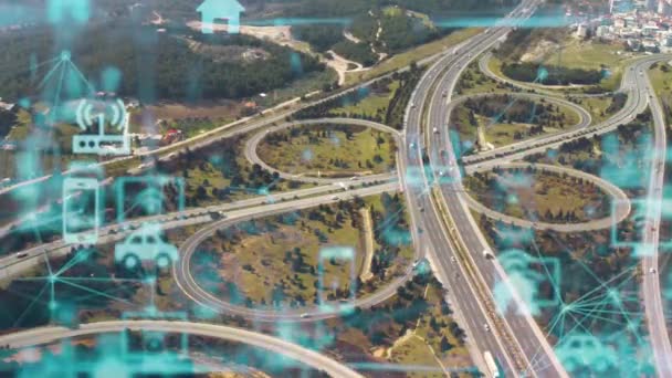 Moderne Snelweg Luchtfoto Diverse Grafieken Vervoers Technologieconcept Intelligente Vervoerssystemen Mobiliteit — Stockvideo
