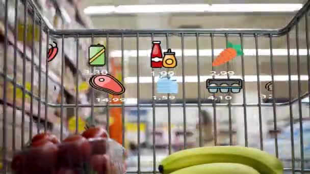 食料品店の未来のショッピング トロリー 商品の価格を示すホログラフィック インターフェイスが付いているスーパーマーケットのカート 拡張現実 アニメーション 高品質の4K映像 — ストック動画