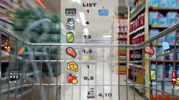 Футуристическая Тележка Продуктовом Магазине Корзина Супермаркета Голографическим Интерфейсом Показывающим Цены — стоковое видео