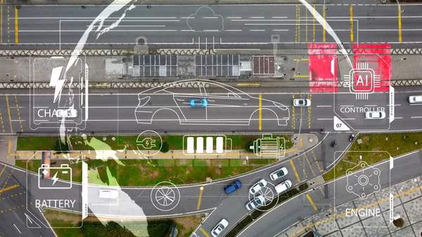 Intelligent Vehicles Cars Communicating Ai Logistic Autonomous Delivery Vehicles IoT GPS Tracking Satellite 5G Smart Roads Traffic Road Junction Interchange Motorway Triangulation Of Traffic Data