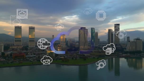 智能化的网络安全城市未来技术数字化数据和利用人工智能的云计算海量数据 5G连接数据分析背景概念 — 图库视频影像