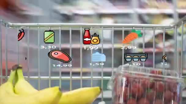 Markette Fütüristik Alışveriş Arabası Holografik Arayüzü Olan Süpermarket Arabası Mal — Stok video