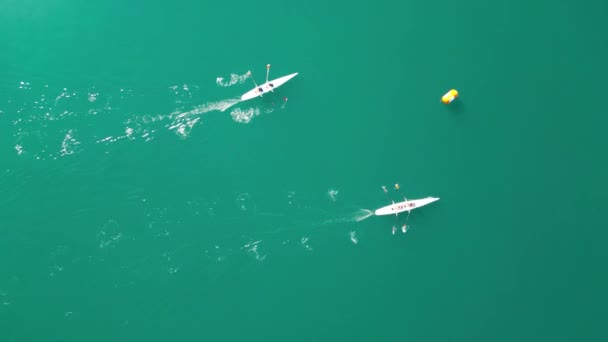 静かな水の上のスポーツカヌーローイング 空中ビュー ビーチスプリントレース 高品質の4K映像 — ストック動画