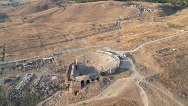 Geweldige Antenne Close Van Hierapolis Theater Cotton Castle Pamukkale Denizli — Stockvideo