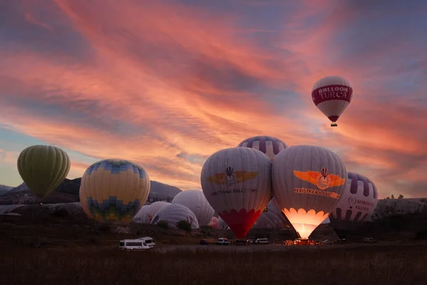 Landschaft Des Pamukkale Parks Und Viele Heißluftballons Morgenhimmel Türkei Oktober — Stockfoto