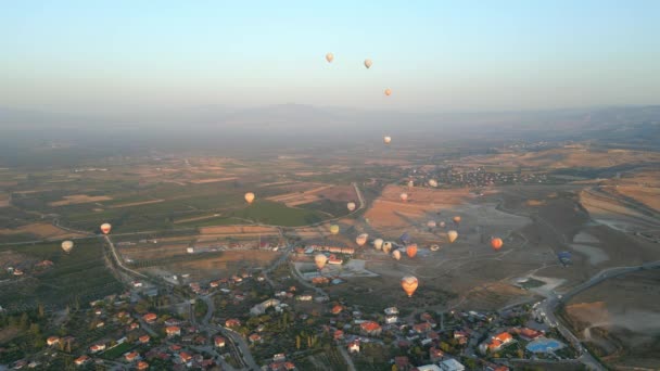 Paisagem Parque Pamukkale Monte Balões Quente Céu Matutino Turquia Agosto — Vídeo de Stock