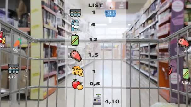 Futuristischer Einkaufswagen Lebensmittelladen Einkaufswagen Mit Holographischer Benutzeroberfläche Die Die Warenpreise — Stockvideo