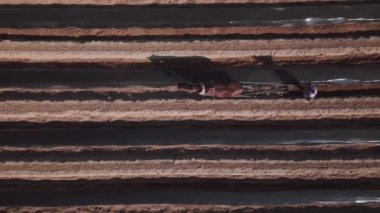 Atı ile tarlada çalışan bir adamın hava görüntüsü. Yüksek kalite 4k görüntü