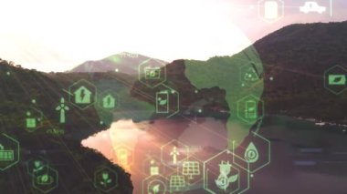 Yeşil orman hava manzarası ve çevresel teknoloji kavramı. Yeşil teknoloji. Ekoloji. Yeşil dönüşüm. GX. SDG 'ler. Yüksek kalite 4k görüntü