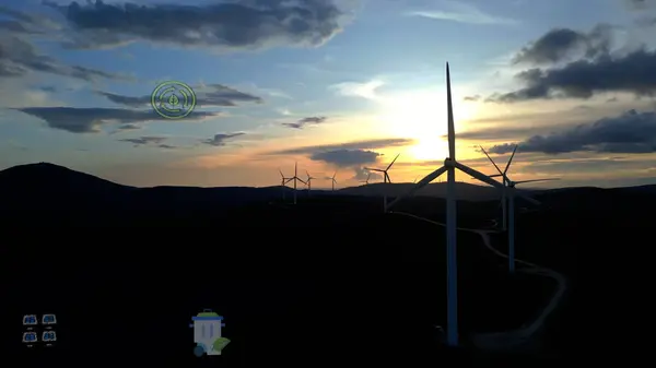 代替エネルギー 風力発電所 水平軸風力タービンの空中ビューは 電力風力エネルギーを生成します 再生可能エネルギー技術をきれいにする 風力発電所 アニメーションの可視化コンセプト ロイヤリティフリーのストック画像
