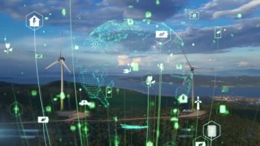 Alternatif Enerji. Rüzgar çiftliği. Yatay eksenli rüzgar türbinlerinin hava görüntüsü elektrik enerjisi üretiyor. Temiz yenilenebilir enerji teknolojileri. Rüzgar santralleri. Canlandırılmış görselleştirme kavramı