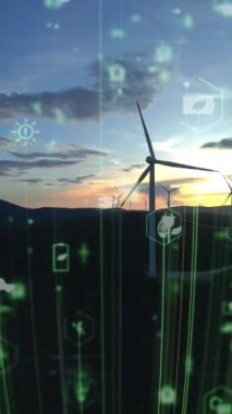 Alternatif Enerji. Rüzgar çiftliği. Yatay eksenli rüzgar türbinlerinin hava görüntüsü elektrik enerjisi üretiyor. Temiz yenilenebilir enerji teknolojileri. Rüzgar santralleri. Canlandırılmış görselleştirme kavramı