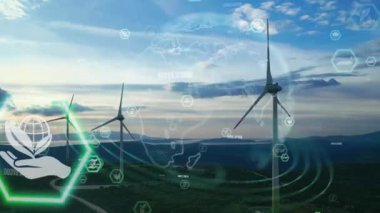 Rüzgar Türbinlerinin Hava Görüntüsü Enerji Üretimi. Gelecekçi Teknoloji Konsepti. Ekolojinin Güvenli Alternatif Enerji Kaynağı Üzerine Dijital Ağ. Yeşil ekolojik dünya için yenilenebilir enerji üretimi. Yüksek