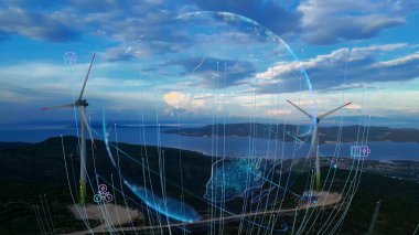 Alternatif Enerji. Rüzgar çiftliği. Yatay eksenli rüzgar türbinlerinin hava görüntüsü elektrik enerjisi üretiyor. Temiz yenilenebilir enerji teknolojileri. Rüzgar santralleri. Canlandırılmış görselleştirme kavramı