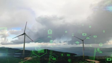 Alternatif Enerji. Rüzgar çiftliği. Yatay eksenli rüzgar türbinlerinin hava görüntüsü elektrik enerjisi üretiyor. Temiz yenilenebilir enerji teknolojileri. Rüzgar santralleri. Canlandırılmış görselleştirme kavramı