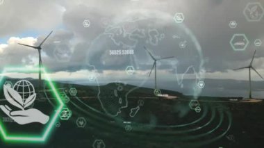 Alternatif Enerji. Rüzgar çiftliği. Yatay eksenli rüzgar türbinlerinin hava görüntüsü elektrik enerjisi üretiyor. Temiz yenilenebilir enerji teknolojileri. Rüzgar santralleri. Canlandırılmış görselleştirme kavramı