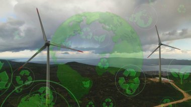 Alternatif Enerji. Rüzgar çiftliği. Yatay eksenli rüzgar türbinlerinin hava görüntüsü elektrik enerjisi üretiyor. Temiz yenilenebilir enerji teknolojileri. Rüzgar santralleri. Canlandırılmış görselleştirme kavramı