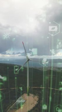 Alternatif Enerji. Rüzgar çiftliği. Yatay eksenli rüzgar türbinlerinin hava görüntüsü elektrik enerjisi üretiyor. Temiz yenilenebilir enerji teknolojileri. Rüzgar santralleri. Canlandırılmış görselleştirme kavramı