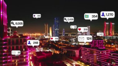 Social media icons fly over city downtown showing people engagement connection through social network application platform . Concept for online community and social media marketing strategy . High