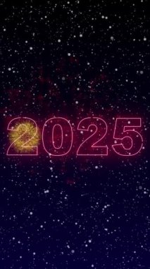 Yeni yıl 2025 dikey havai fişekler. Koyu mavi arka planda ışıltılı animasyon numaraları. hq