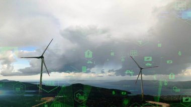 Alternatif Enerji. Rüzgar çiftliği. Yatay eksenli rüzgar türbinlerinin hava görüntüsü elektrik enerjisi üretiyor. Temiz yenilenebilir enerji teknolojileri. Rüzgar santralleri. Canlandırılmış görselleştirme kavramı