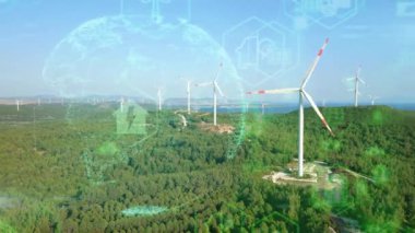 Alternatif Enerji. Rüzgar çiftliği. Yatay eksenli rüzgar türbinlerinin hava görüntüsü elektrik enerjisi üretiyor. Temiz yenilenebilir enerji teknolojileri. Rüzgar santralleri. Canlandırılmış görselleştirme kavramı