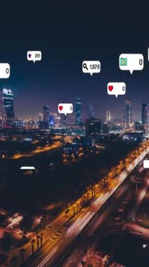 Social media icons fly over city downtown showing people engagement connection through social network application platform . Concept for online community and social media marketing strategy . High