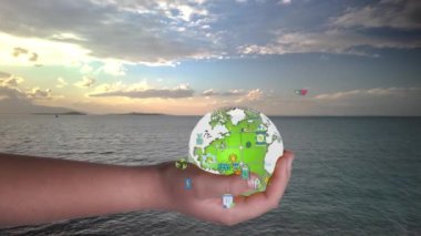ESG simge konsepti. Çevre, toplum ve yönetim. Yeşil arka plandaki insanların elinde gezegeni kurtarmak. Yüksek kalite 4k görüntü