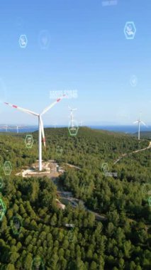 Alternatif Enerji. Rüzgar çiftliği. Yatay eksenli rüzgar türbinlerinin hava görüntüsü elektrik enerjisi üretiyor. Temiz yenilenebilir enerji teknolojileri. Rüzgar santralleri. Canlandırılmış görselleştirme kavramı