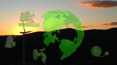 Alternatif Enerji. Rüzgar çiftliği. Yatay eksenli rüzgar türbinlerinin hava görüntüsü elektrik enerjisi üretiyor. Temiz yenilenebilir enerji teknolojileri. Rüzgar santralleri. Canlandırılmış görselleştirme kavramı