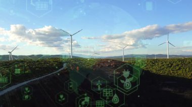 Alternatif Enerji. Rüzgar çiftliği. Yatay eksenli rüzgar türbinlerinin hava görüntüsü elektrik enerjisi üretiyor. Temiz yenilenebilir enerji teknolojileri. Rüzgar santralleri. Canlandırılmış görselleştirme kavramı