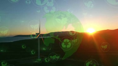 Alternatif Enerji. Rüzgar çiftliği. Yatay eksenli rüzgar türbinlerinin hava görüntüsü elektrik enerjisi üretiyor. Temiz yenilenebilir enerji teknolojileri. Rüzgar santralleri. Canlandırılmış görselleştirme kavramı