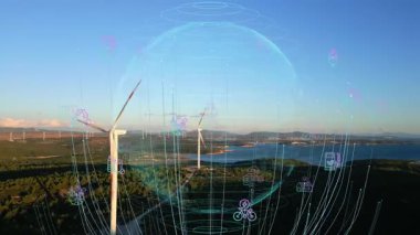 Alternatif Enerji. Rüzgar çiftliği. Yatay eksenli rüzgar türbinlerinin hava görüntüsü elektrik enerjisi üretiyor. Temiz yenilenebilir enerji teknolojileri. Rüzgar santralleri. Canlandırılmış görselleştirme kavramı
