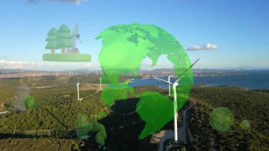 Alternatif Enerji. Rüzgar çiftliği. Yatay eksenli rüzgar türbinlerinin hava görüntüsü elektrik enerjisi üretiyor. Temiz yenilenebilir enerji teknolojileri. Rüzgar santralleri. Canlandırılmış görselleştirme kavramı