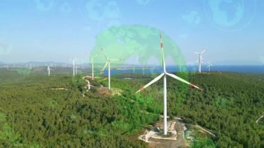 Alternatif Enerji. Rüzgar çiftliği. Yatay eksenli rüzgar türbinlerinin hava görüntüsü elektrik enerjisi üretiyor. Temiz yenilenebilir enerji teknolojileri. Rüzgar santralleri. Canlandırılmış görselleştirme kavramı