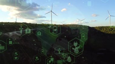 Alternatif Enerji. Rüzgar çiftliği. Yatay eksenli rüzgar türbinlerinin hava görüntüsü elektrik enerjisi üretiyor. Temiz yenilenebilir enerji teknolojileri. Rüzgar santralleri. Canlandırılmış görselleştirme kavramı