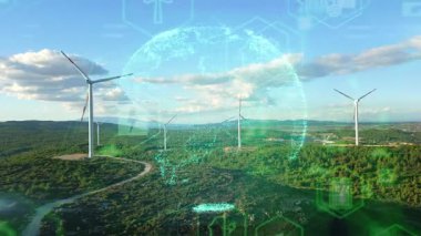 Alternatif Enerji. Rüzgar çiftliği. Yatay eksenli rüzgar türbinlerinin hava görüntüsü elektrik enerjisi üretiyor. Temiz yenilenebilir enerji teknolojileri. Rüzgar santralleri. Canlandırılmış görselleştirme kavramı