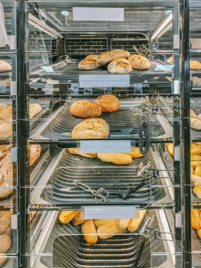 Köy barı, yuvarlak ekmek, sandviç ekmeği, köy usulü. Fırındaki tepsilere yerleştirilmiş çeşitli ekmekler.