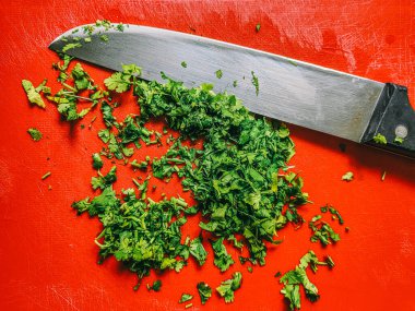 Kırmızı masada bıçak ve maydanoz. Maydanoz, Apiaceae familyasından Akdeniz 'in orta bölgesinde yetişen bir bitkidir.