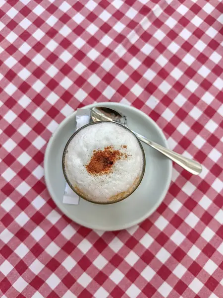 Cappuccino Coffee Cream Cinnamon Placed Red White Checkered Tablecloth — Stock Photo, Image