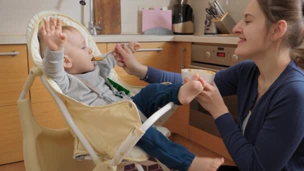 Little Baby Boy Refusing Eating Highchair Being Naughty Concept Parenting — Video